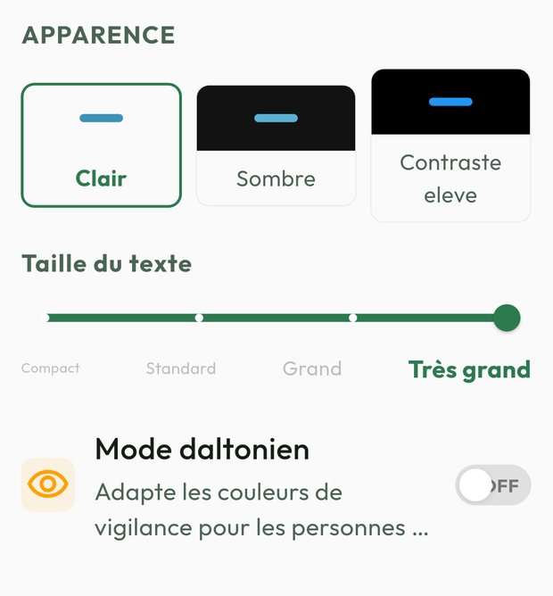 Écran Hoban : texte très grand, contraste élevé et mode daltonien