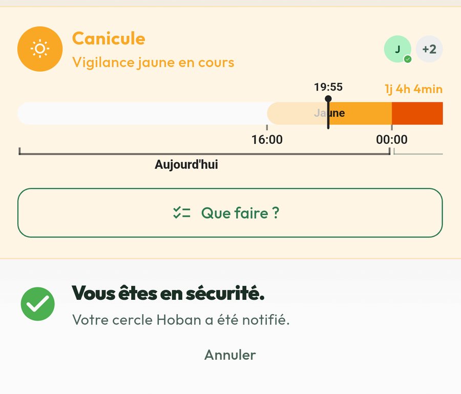 Écran Hoban : vigilance canicule en cours, le foyer a signalé être en sécurité à son cercle