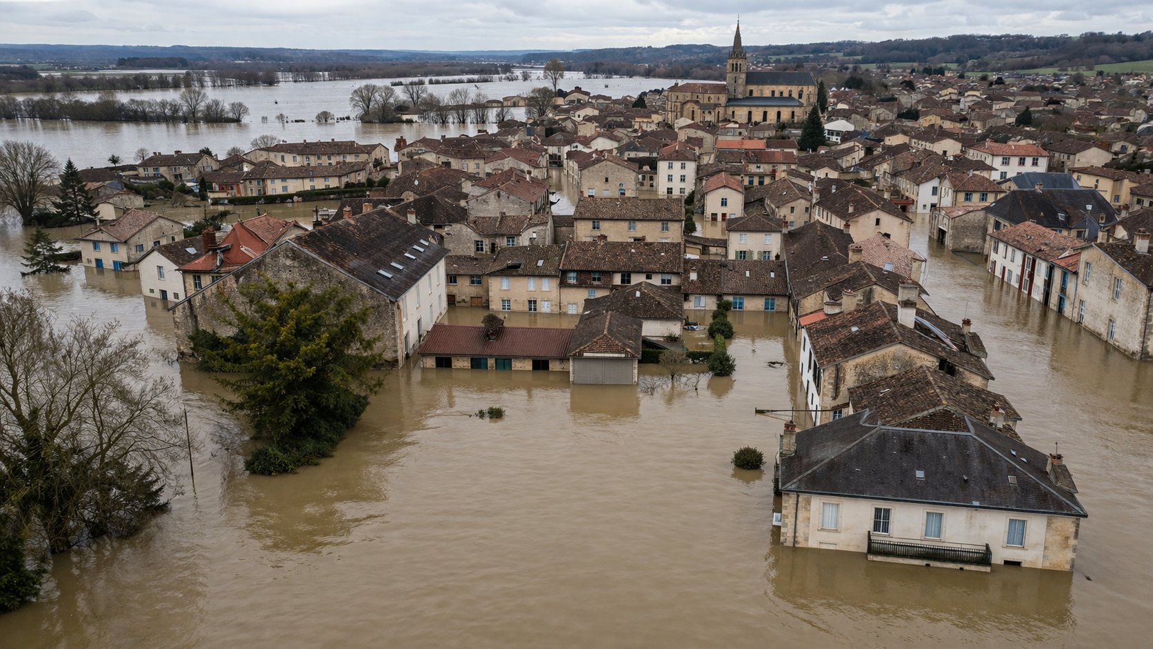 Inondations Gironde février 2026 — village de bord de Garonne sous les eaux