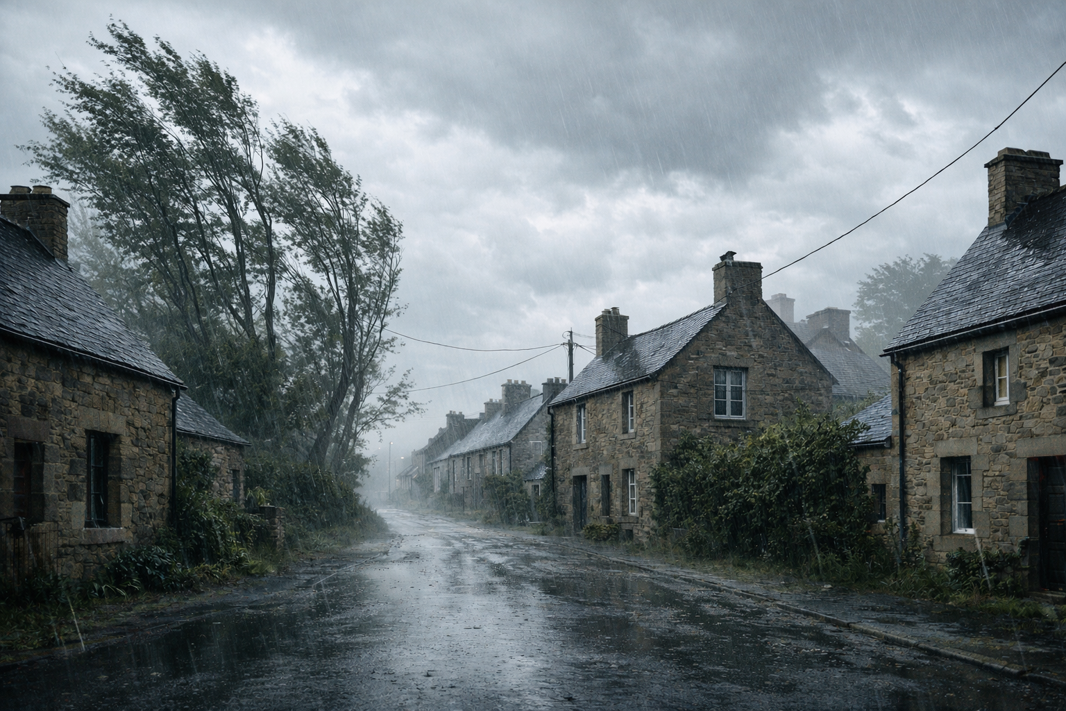 Village breton sous la tempête Ciaran, novembre 2023